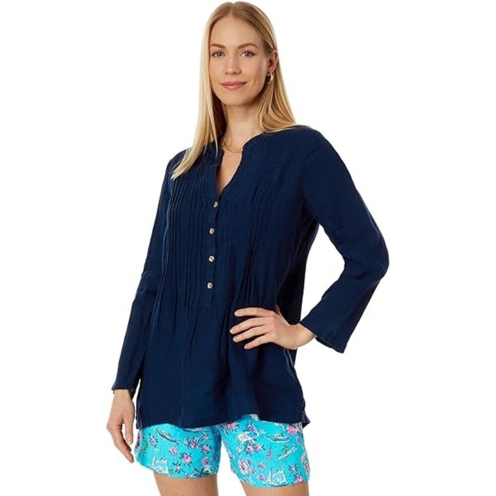 Lilly Pulitzer Navy Blue 3/4 Sleeve Button-Front Top Size M